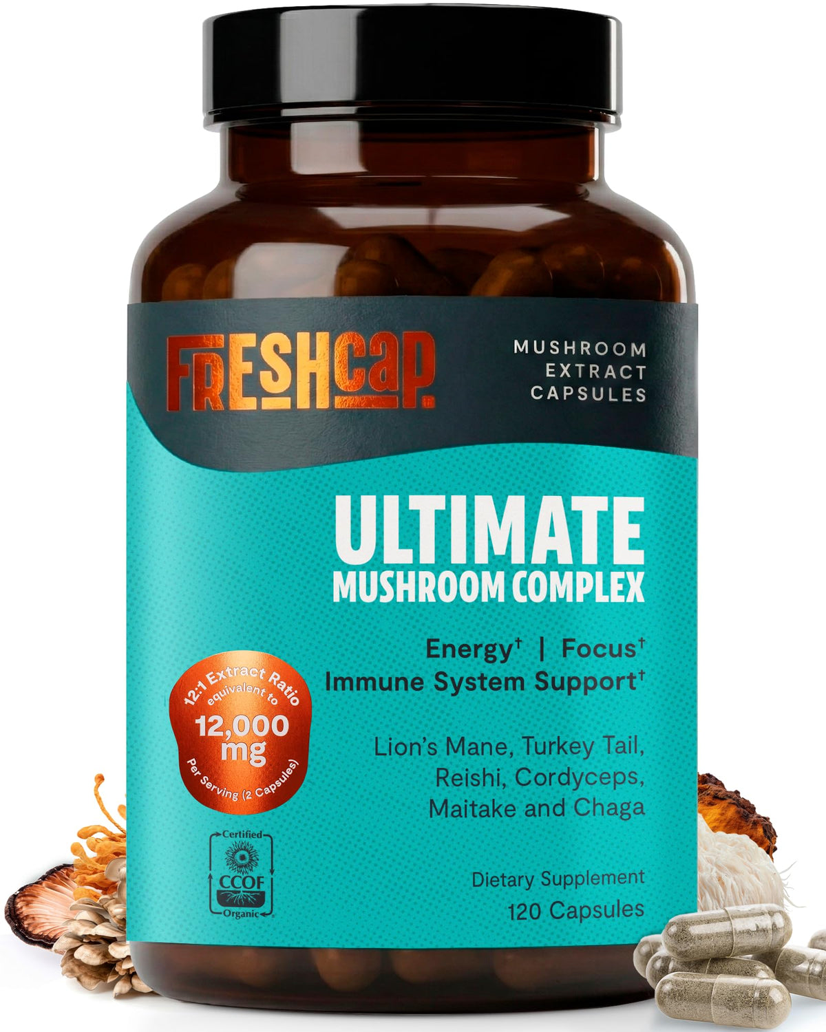 Bouteille de FreshCap Mushrooms Complément Alimentaire Champignons 120 Capsules vue de face