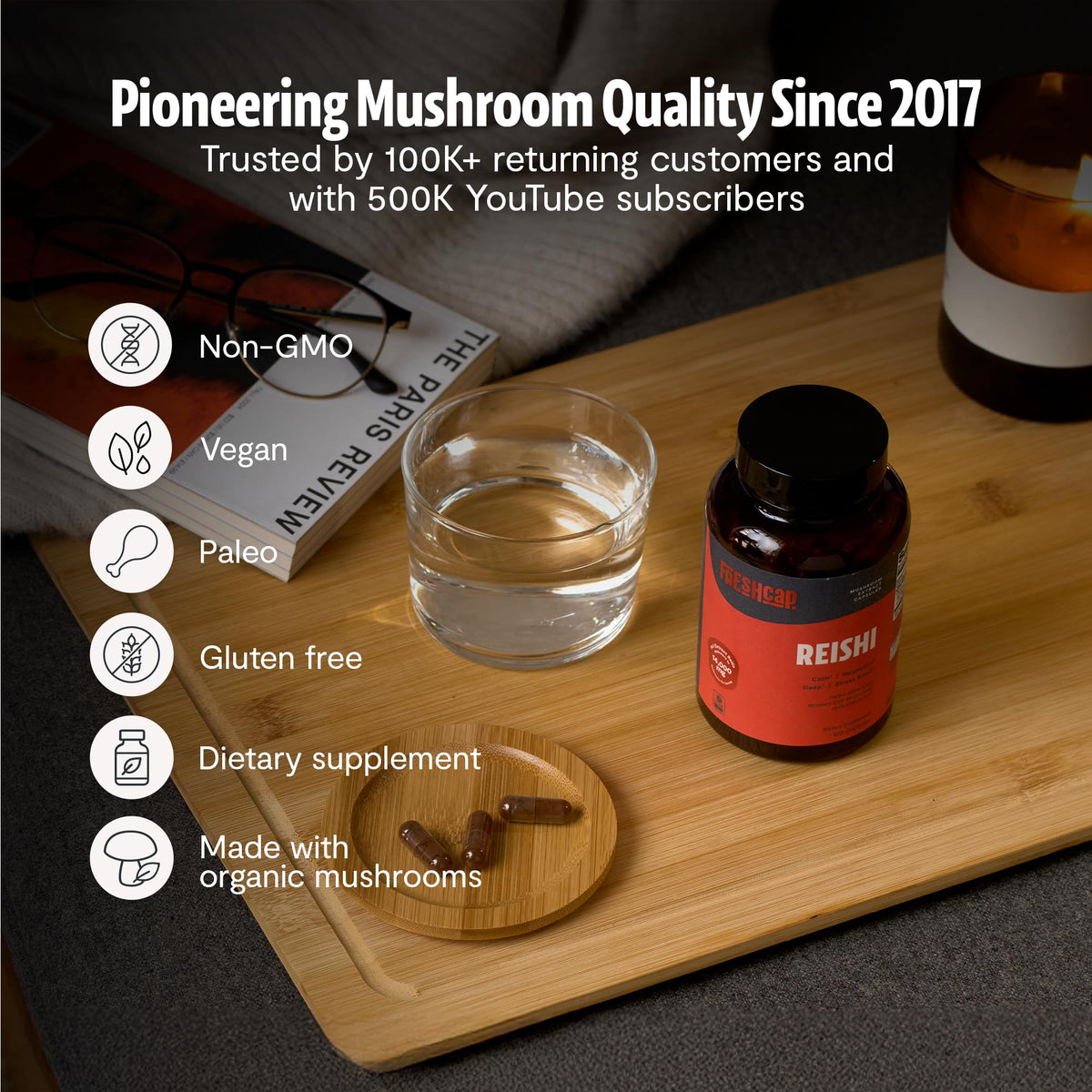 Bouteille de FreshCap Mushrooms sur une table en bois