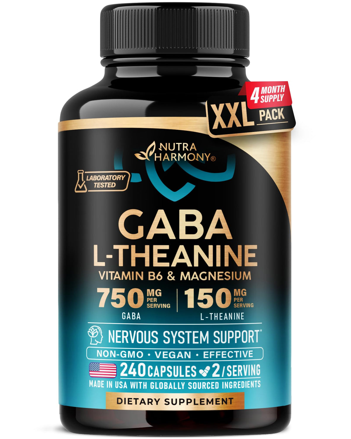 Bouteille de GABA L-Theanine NUTRAHARMONY 900 mg, vue avant