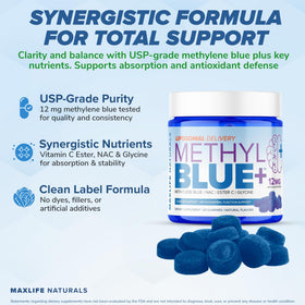 Bouteille de gélifiés liposomaux Methylene Blue MAXLIFE NATURALS, vue de côté