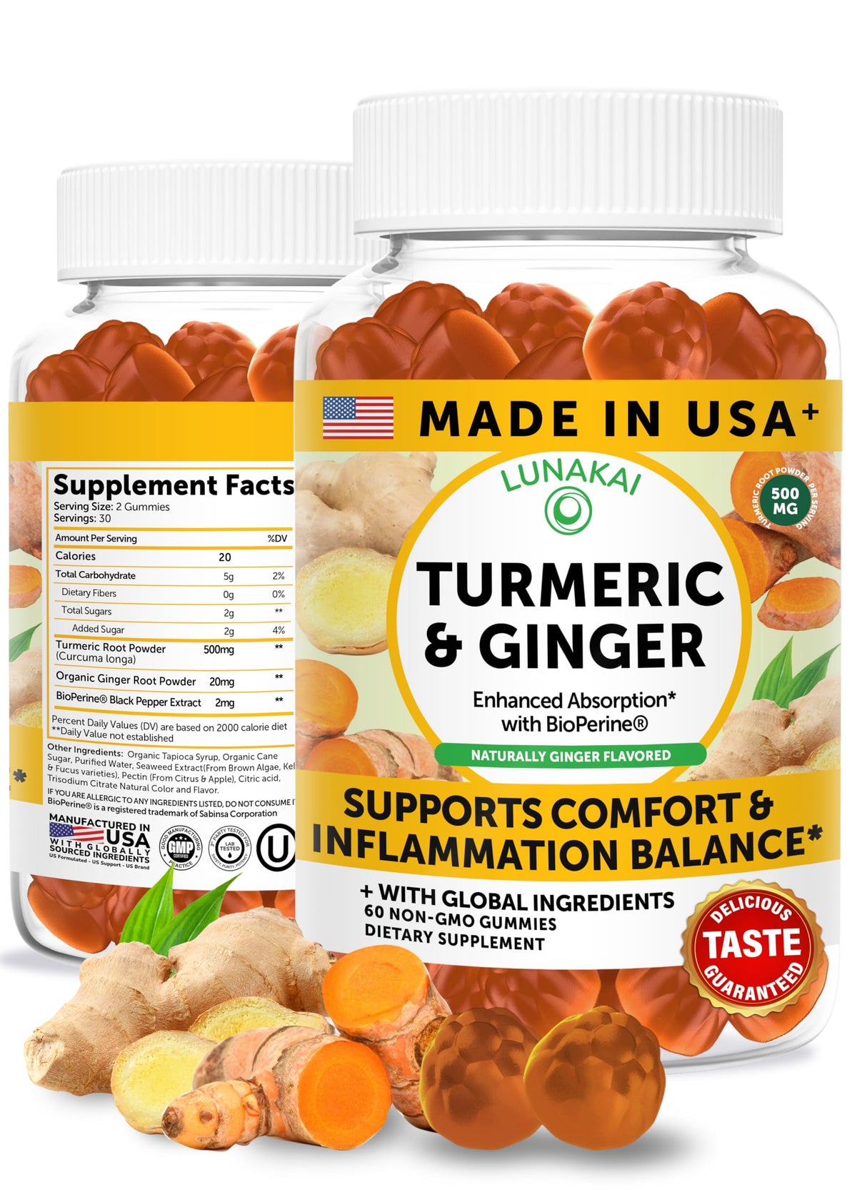 Bouteille de gélifiés Lunakai au curcuma et gingembre 500mg, vue de face