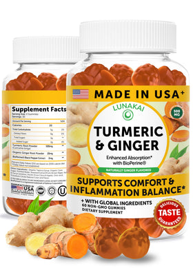 Bouteille de gélifiés Lunakai au curcuma et gingembre 500mg, vue de face