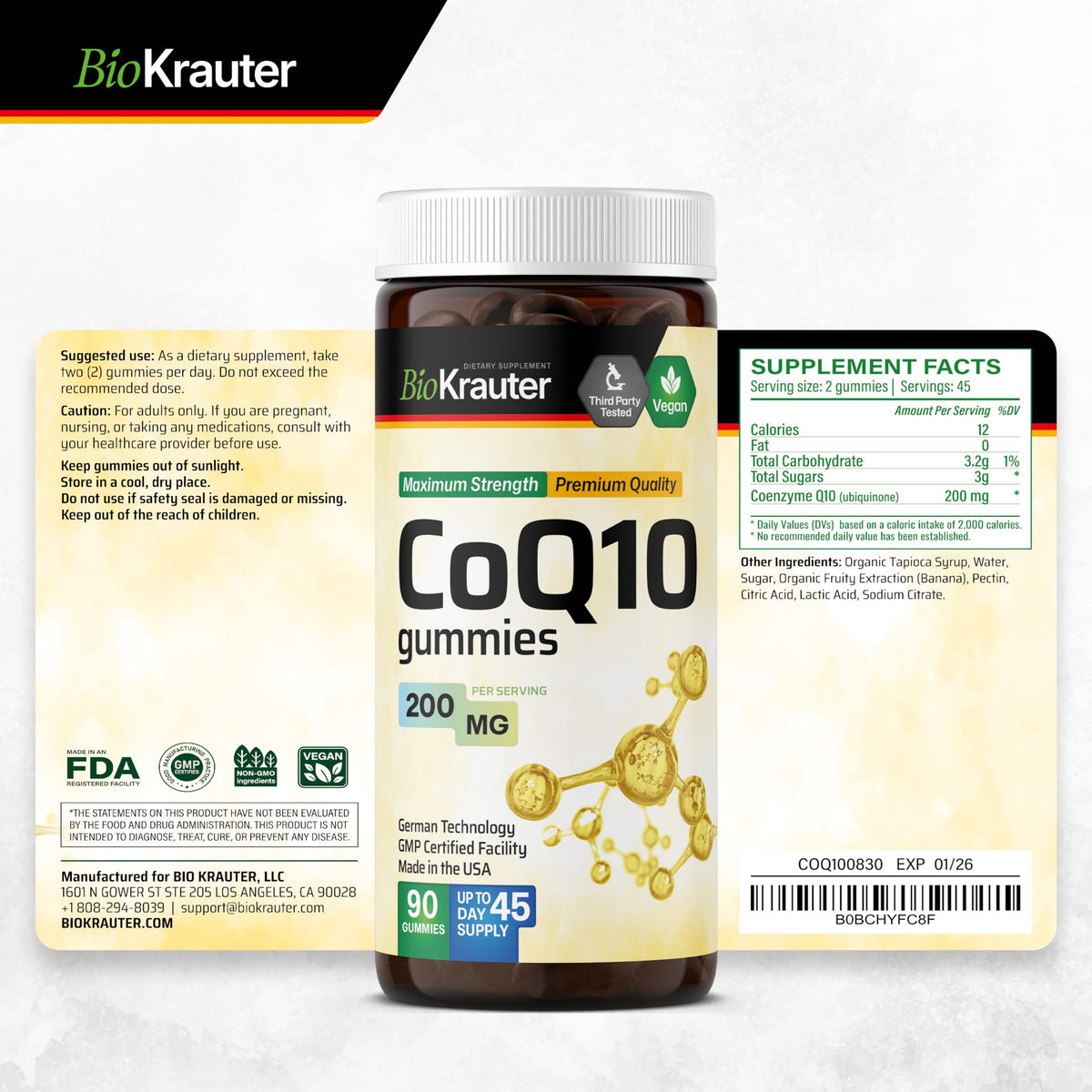 Bouteille de gélules CoQ10 BIO KRAUTER avec ses dimensions