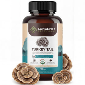 Bouteille de gélules de champignon Turkey Tail Longevity Botanicals vue de face