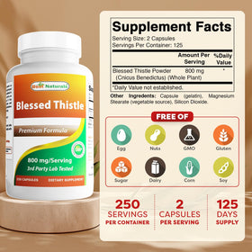 Bouteille de gélules de chardon béni Best Naturals avec 250 capsules