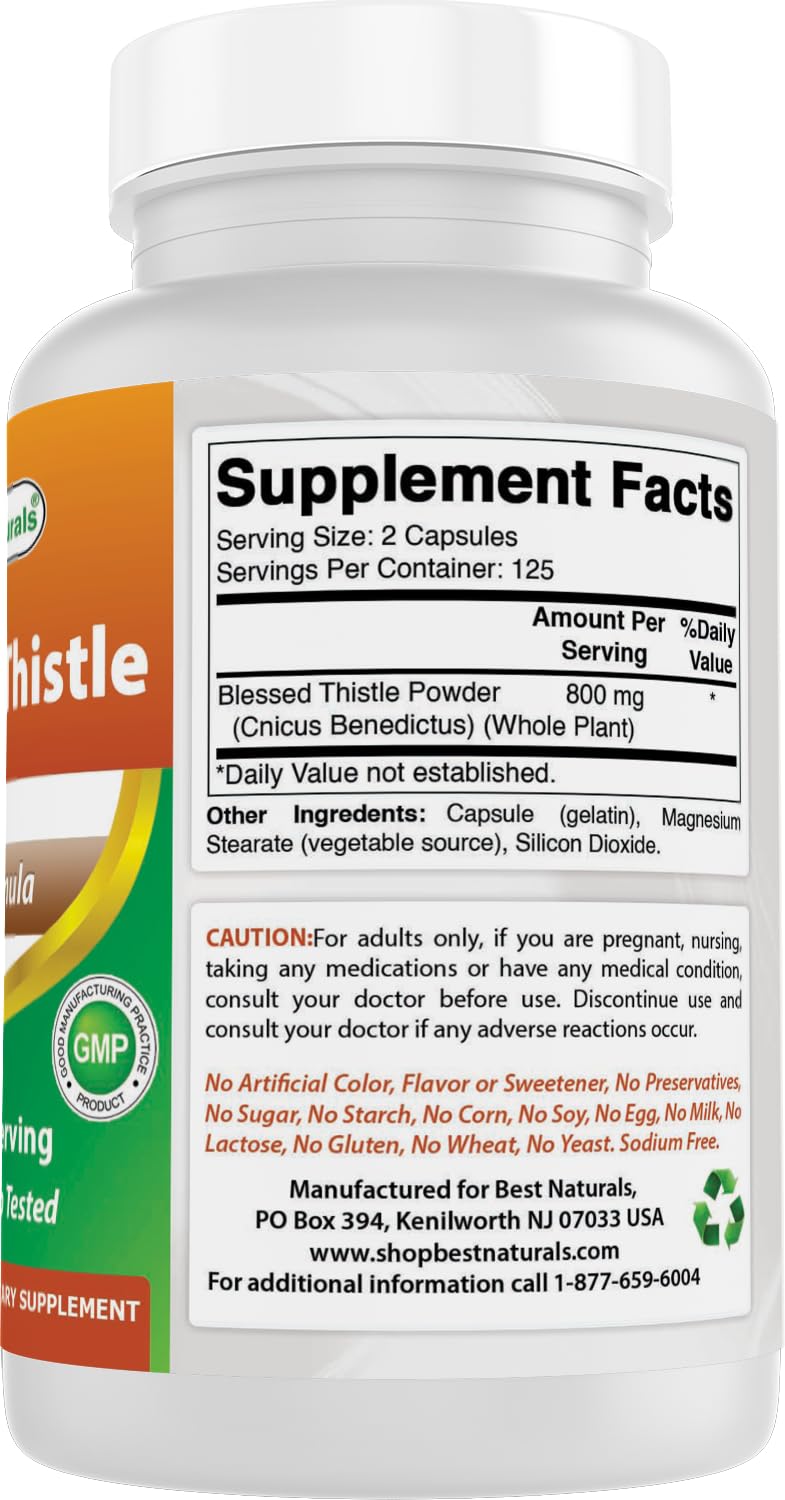 Bouteille de gélules de chardon béni Best Naturals ouverte