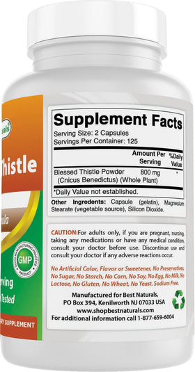 Bouteille de gélules de chardon béni Best Naturals ouverte