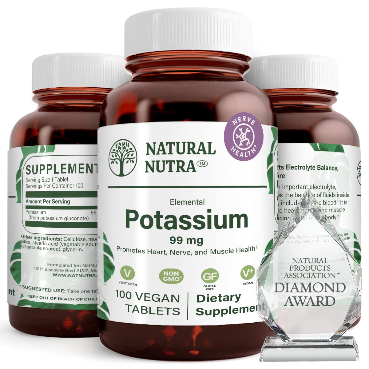 Bouteille de gélules de gluconate de potassium Natural Nutra en verre ambré