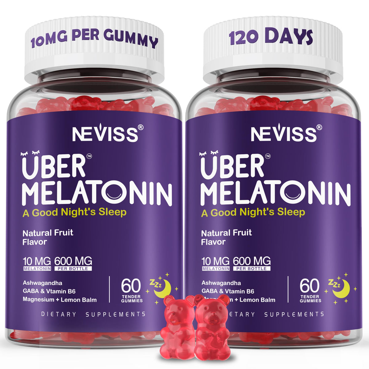 Bouteille de gélules de mélatonine NEVISS 10mg vue de face