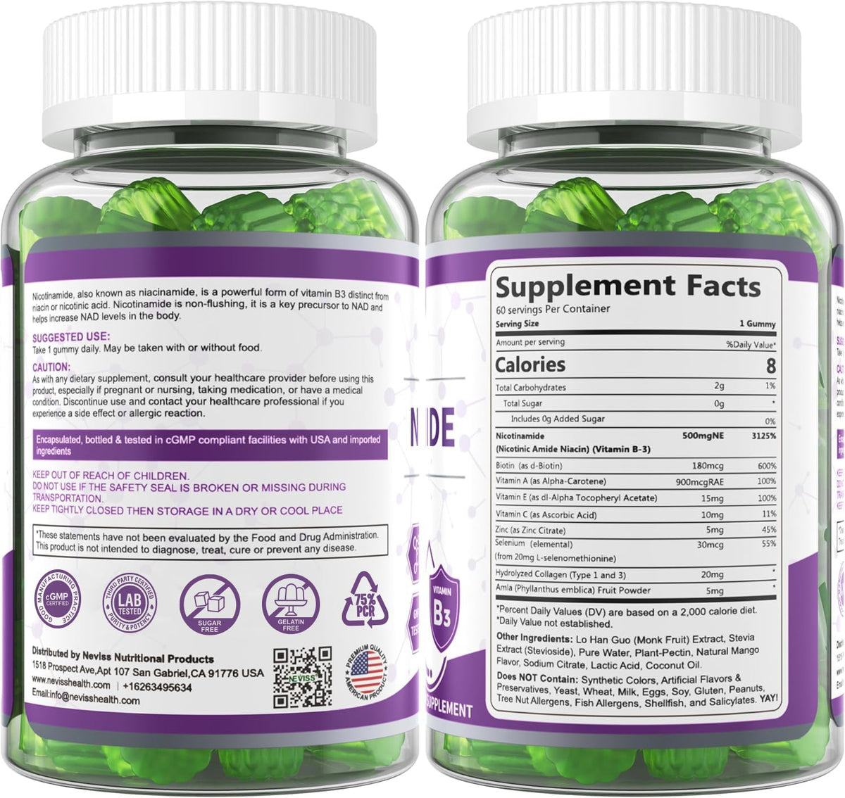 Bouteille de gélules de Nicotinamide 500mg avec un verre d'eau