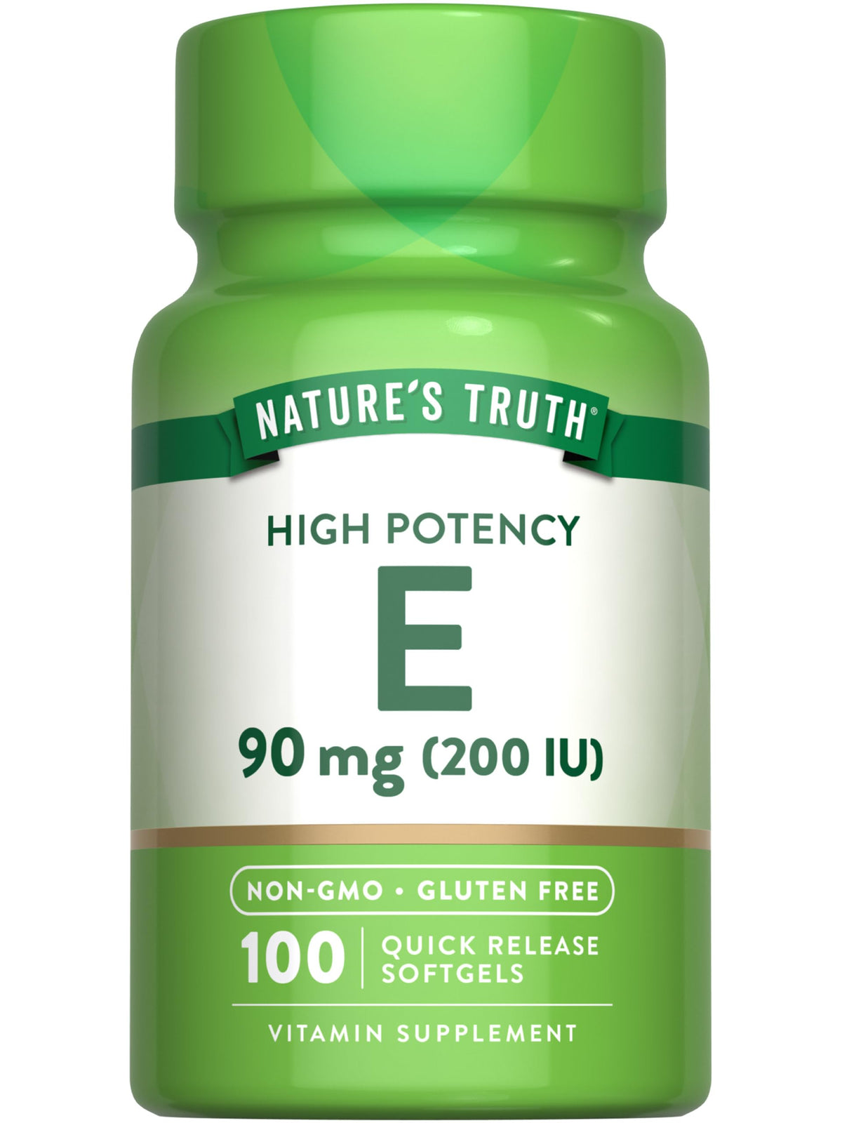Bouteille de gélules de vitamine E Nature's Truth 200 IU vue de face