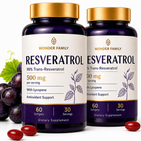 Bouteille de gélules vegan de resvératrol WONDER FAMILY 500mg vue de face