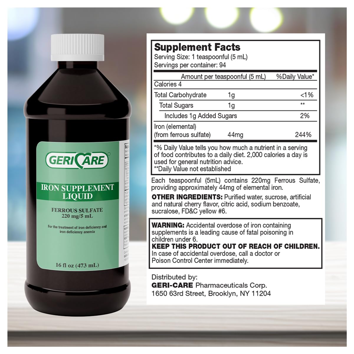 Bouteille de GeriCare Fer Liquide 16oz vue de côté