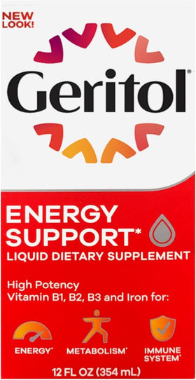 Bouteille de Geritol liquide B-vitamines vue de face