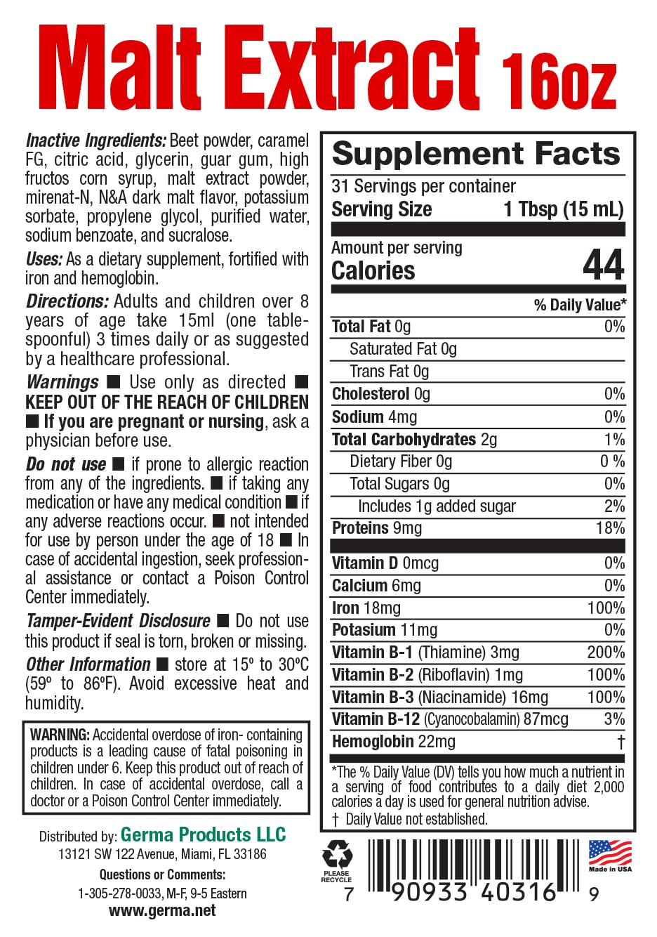 Bouteille de Germa Extracto de Malta 16oz avec un fond naturel