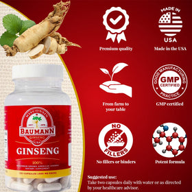 Bouteille de ginseng Baumann sur une table en bois