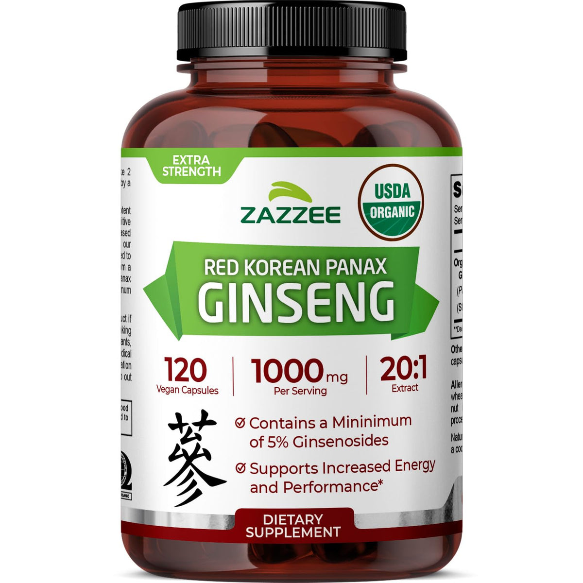 Bouteille de Ginseng Rouge Coréen Panax Bio Zazzee 120 capsules