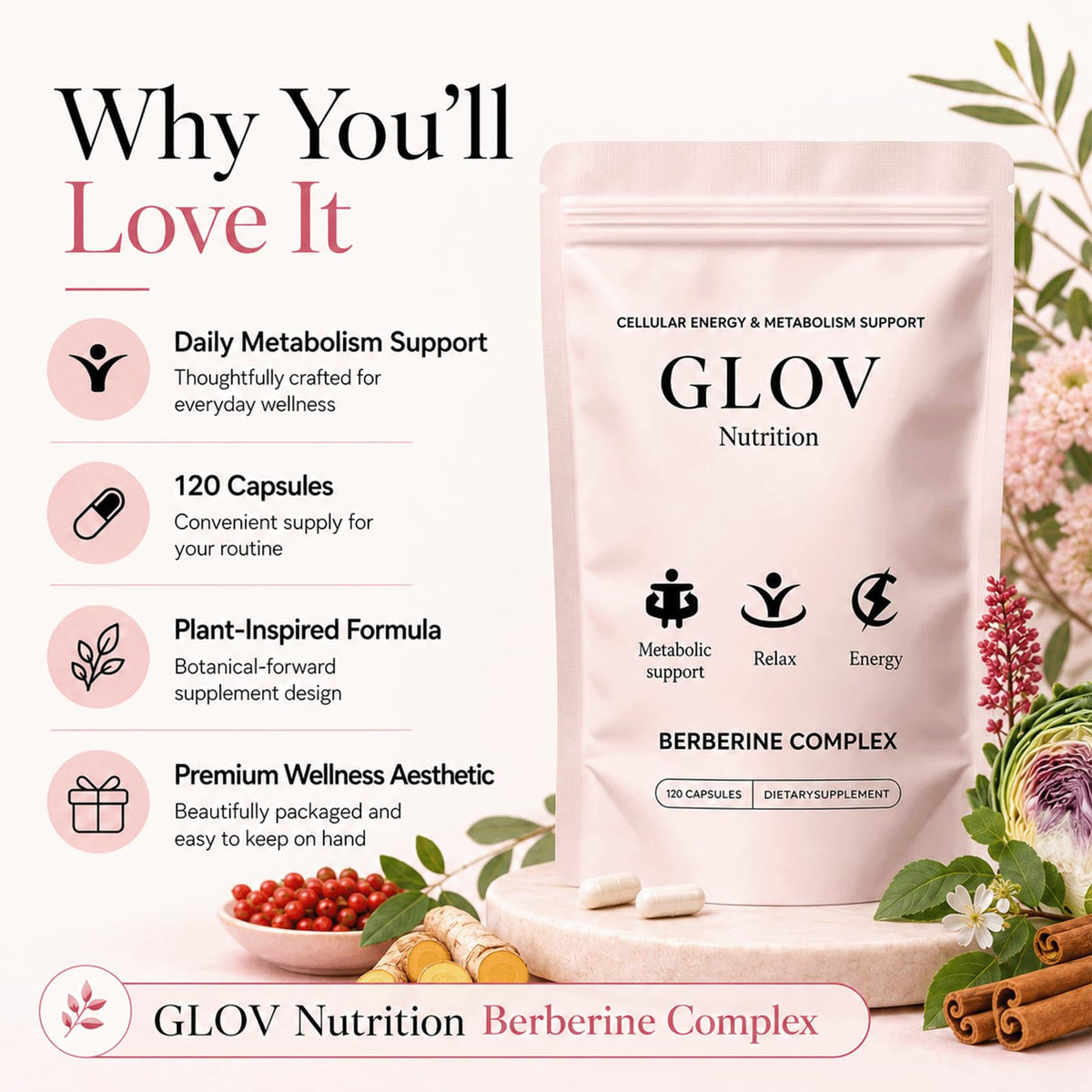 Bouteille de Glov Organic Berberine Complex avec capsules visibles