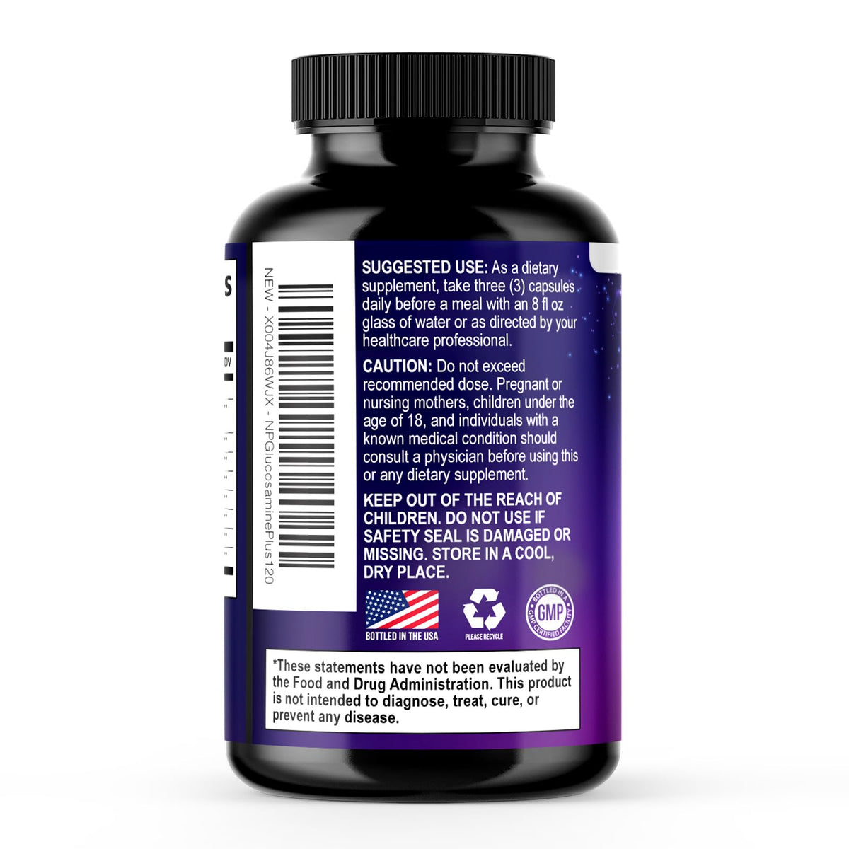 Bouteille de Glucosamine Chondroïtine ouverte avec des gélules visibles