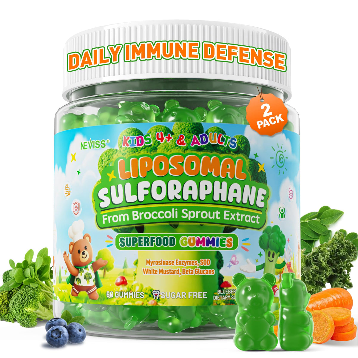 Bouteille de gommes de sulforaphane liposomales NEVISS vue de face