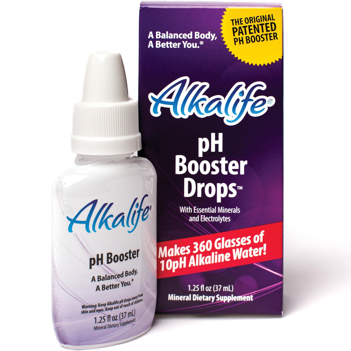 Bouteille de gouttes Alkalife pH support 1,25 oz vue de face