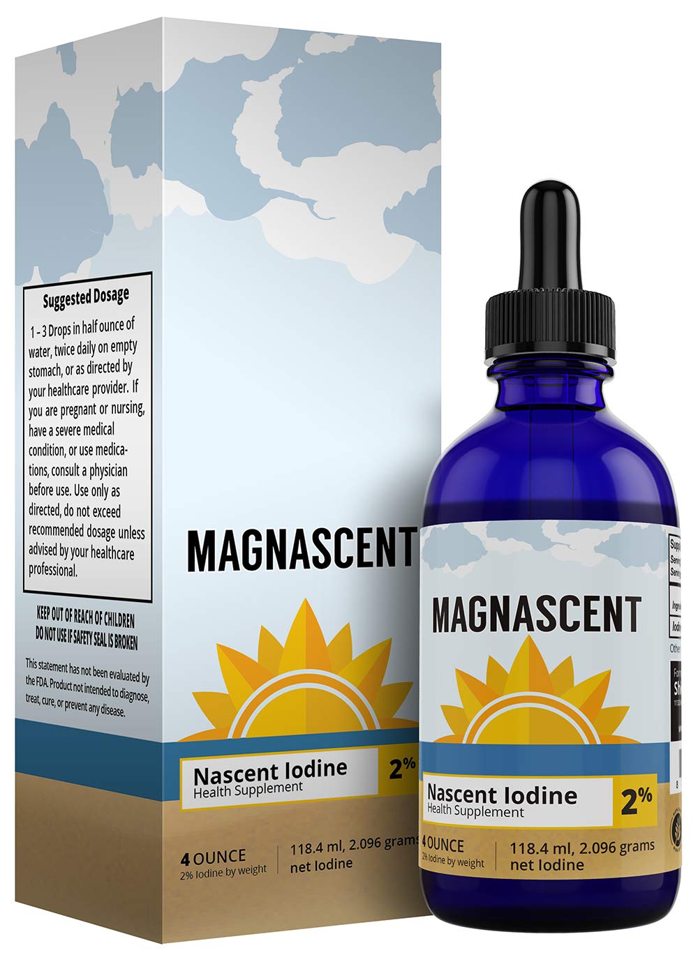 Bouteille de gouttes d'iode nascent Magnascent 4 fl oz vue de face