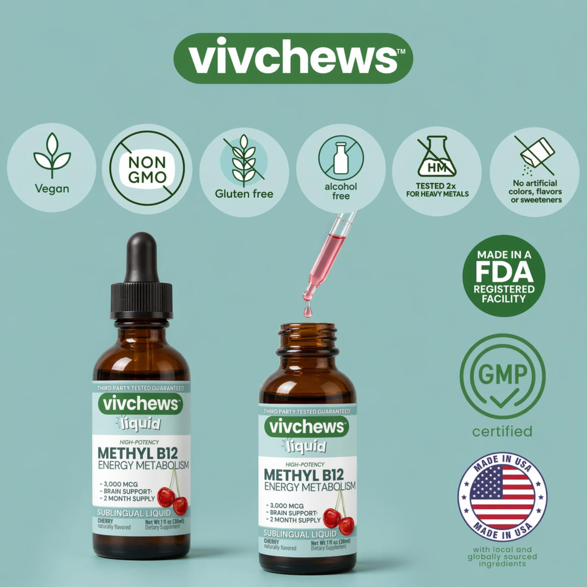 bouteille de gouttes de B12 méthyle vivchews avec étiquette