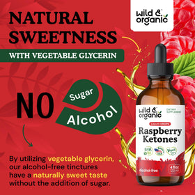 Bouteille de gouttes de cétones de framboise Wild & Organic avec un verre d'eau
