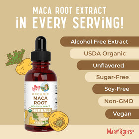 Bouteille de gouttes de maca bio MARYRUTH'S ouverte avec compte-gouttes