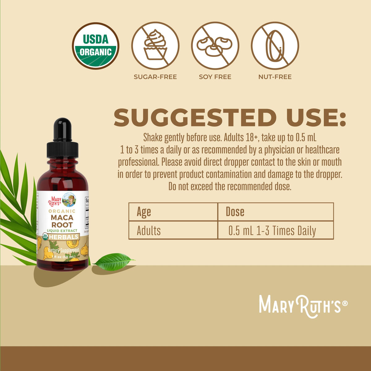 Bouteille de gouttes de maca bio MARYRUTH'S sur un plan de travail