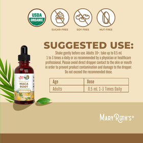 Bouteille de gouttes de maca bio MARYRUTH'S sur un plan de travail