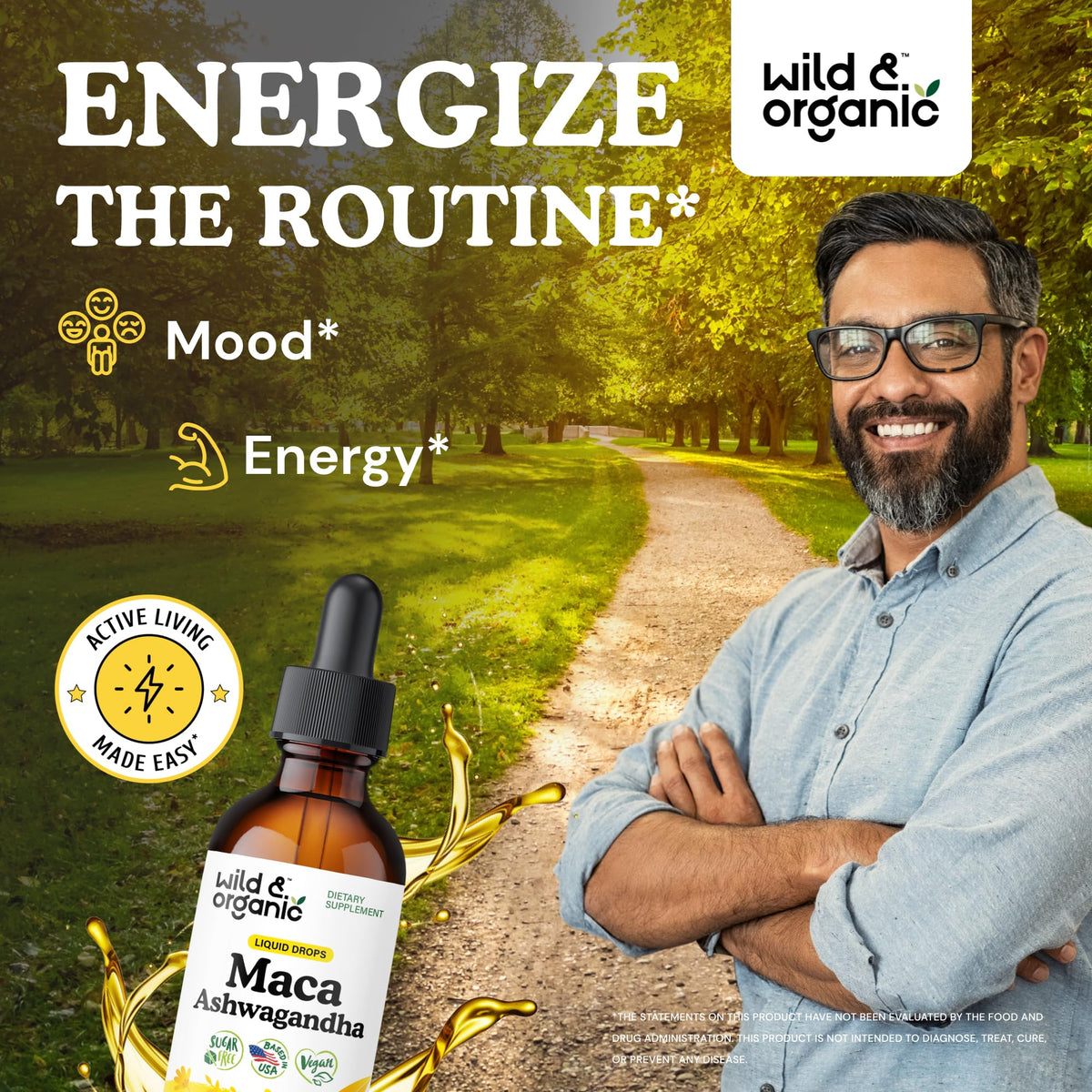 Bouteille de gouttes de maca et ashwagandha Wild & Organic avec étiquette