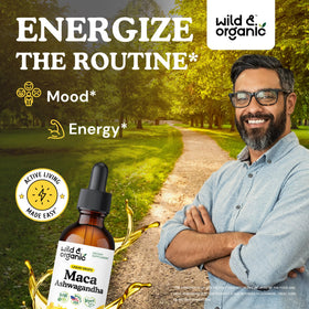 Bouteille de gouttes de maca et ashwagandha Wild & Organic avec étiquette