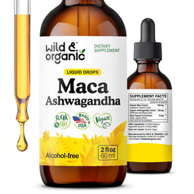 Bouteille de gouttes de maca et ashwagandha Wild & Organic vue de face