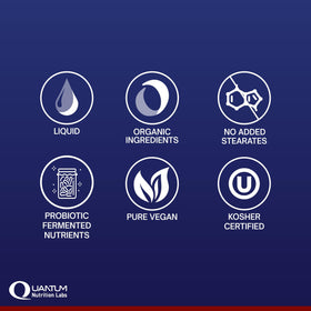 Bouteille de gouttes de mélatonine Quantum Nutrition à côté d'autres compléments