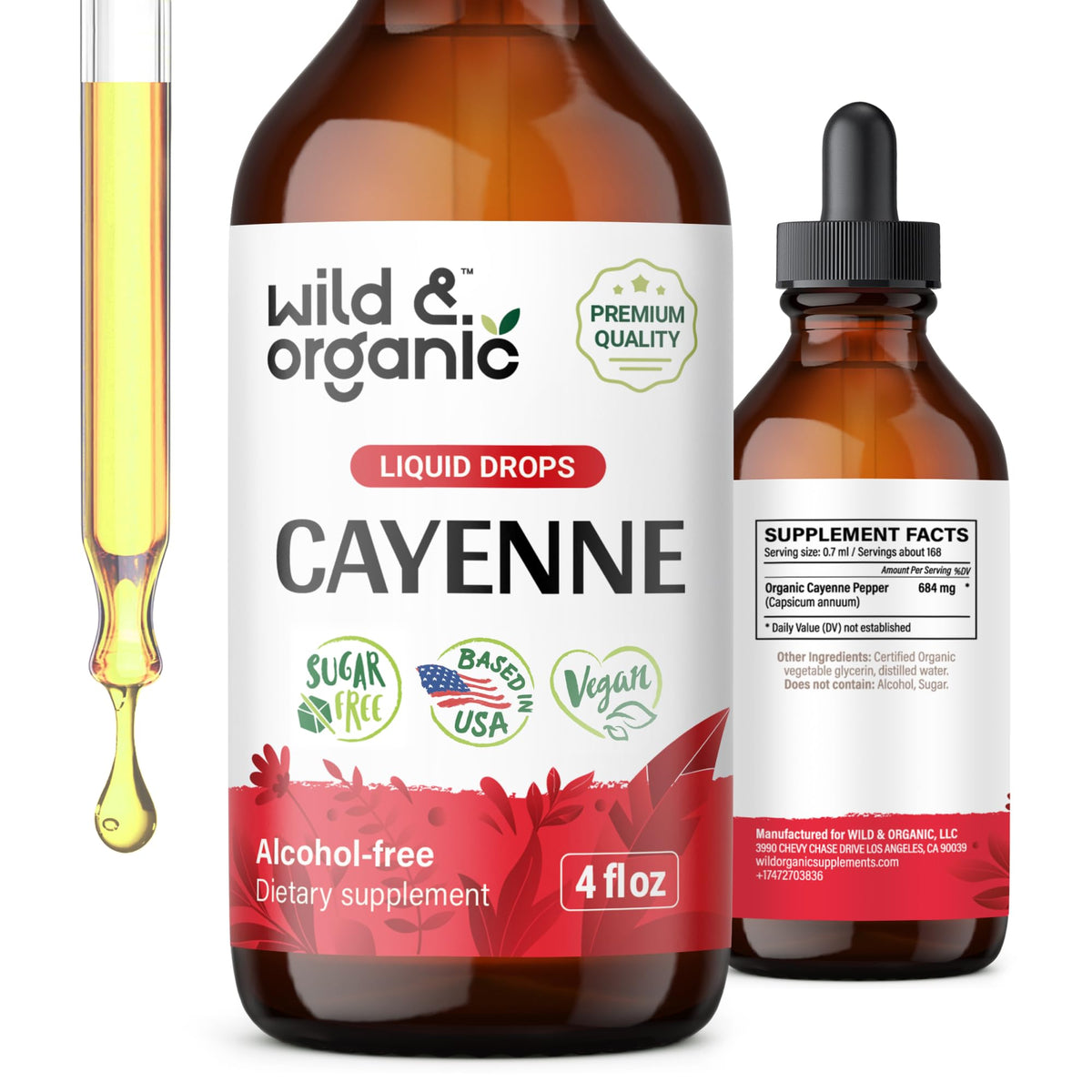 Bouteille de gouttes de piment de cayenne Wild & Organic 4 oz vue de face