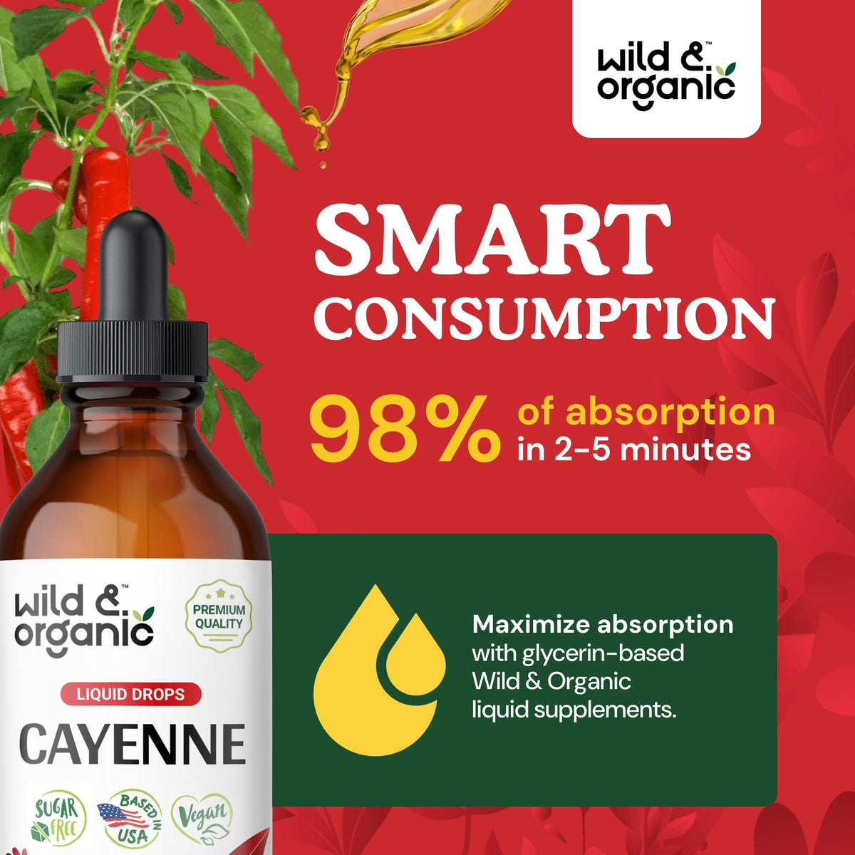 Bouteille de gouttes de piment de cayenne Wild & Organic avec goutteur