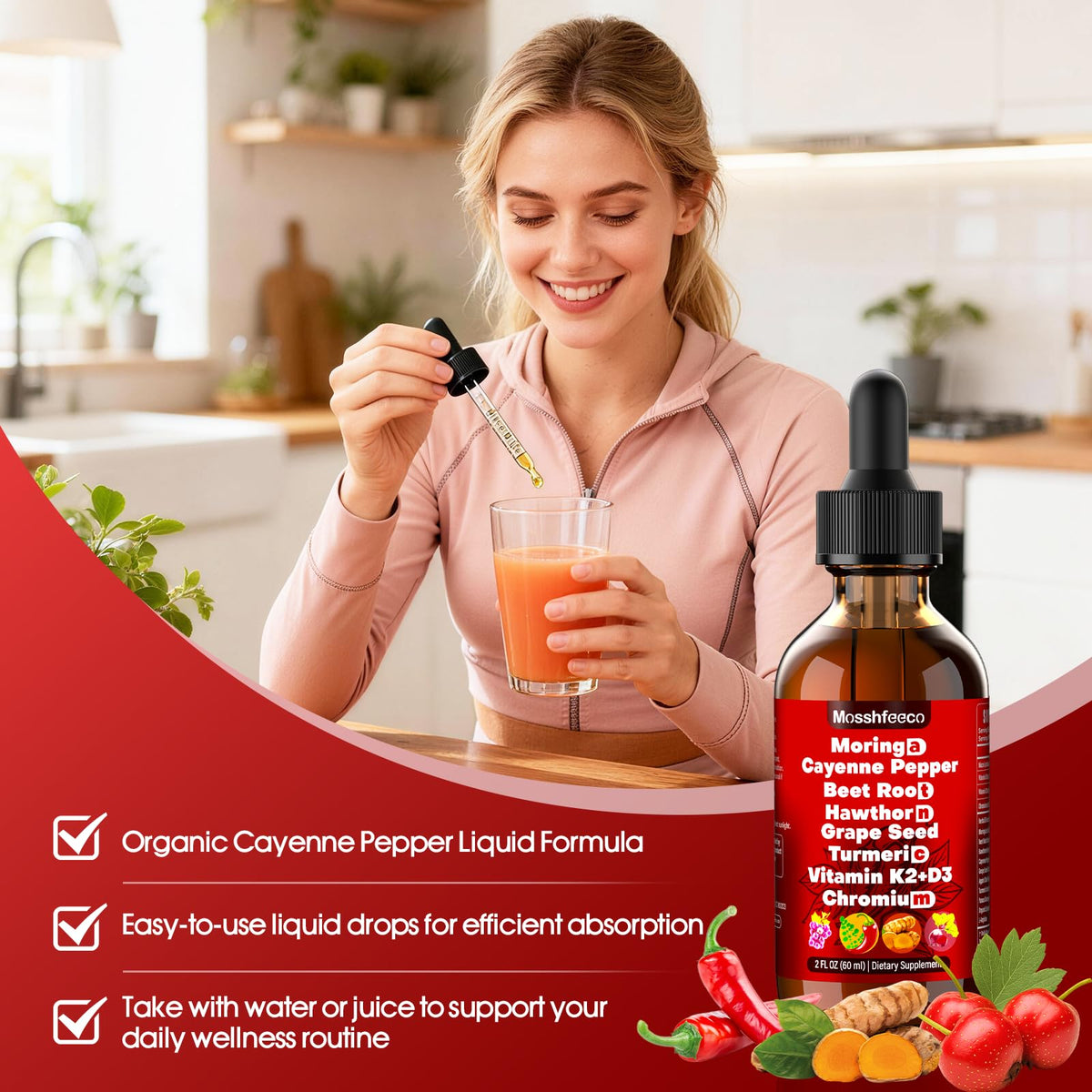 Bouteille de gouttes de poivre de cayenne MOSSHFEECO avec des herbes autour