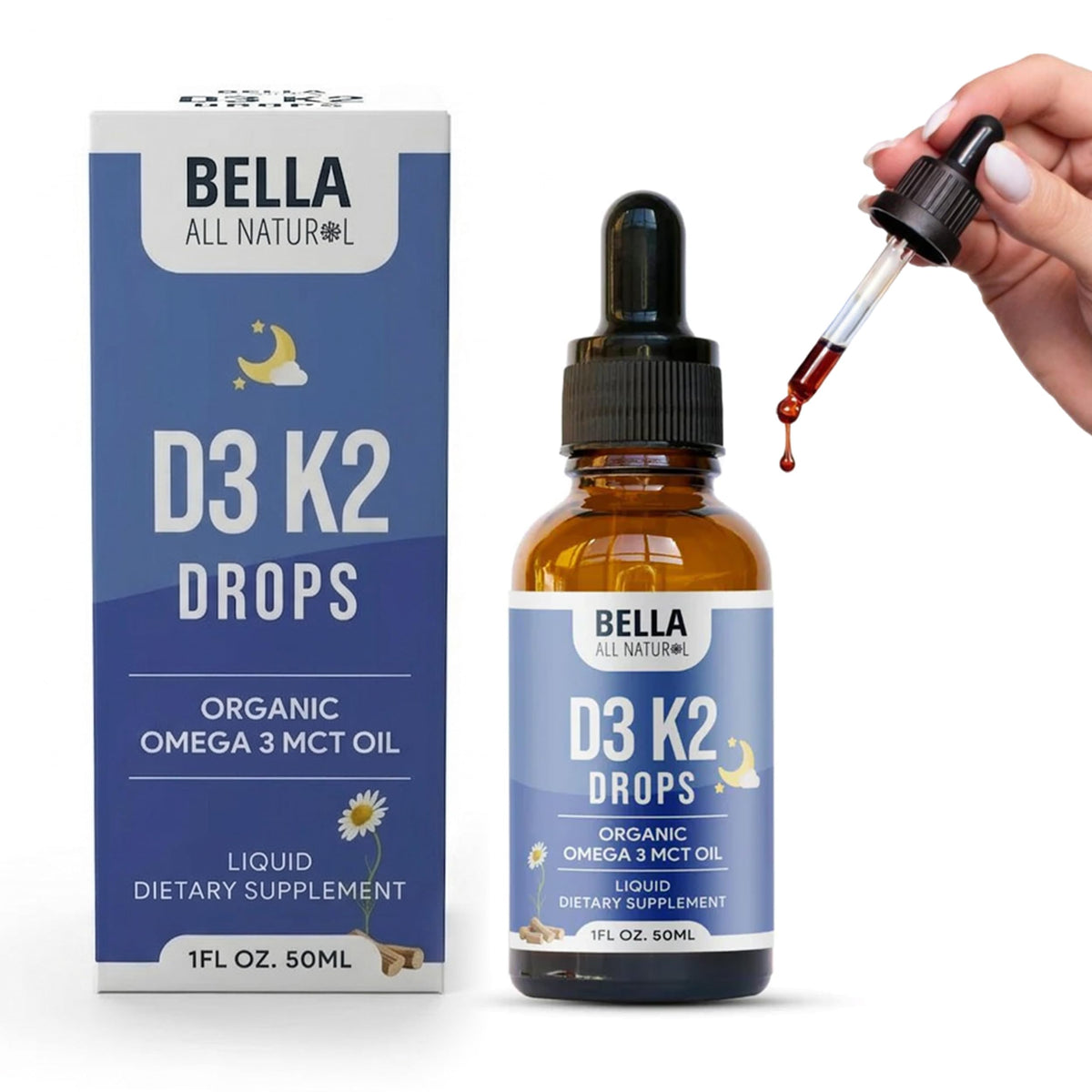 Bouteille de gouttes de vitamine D3 K2 bio Bella All Natural
