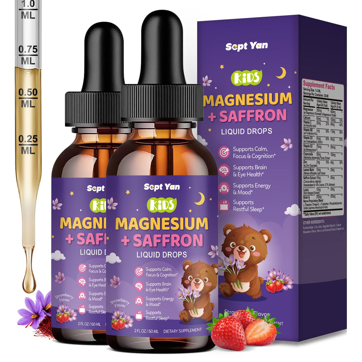 Bouteille de gouttes liquides de magnésium glycinate SEPT YAN vue de face