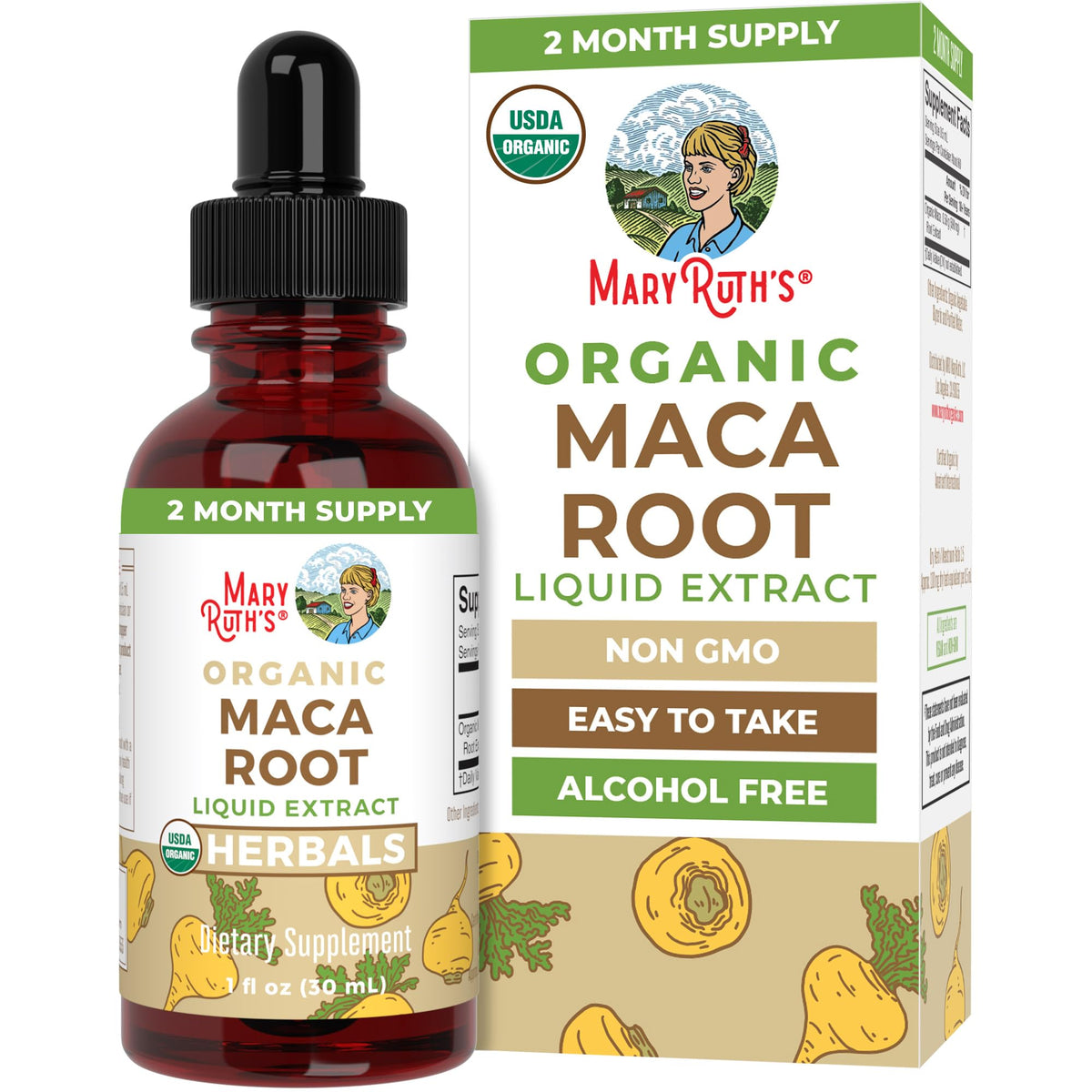 Bouteille de gouttes liquides de racine de maca bio MARYRUTH'S vue de face