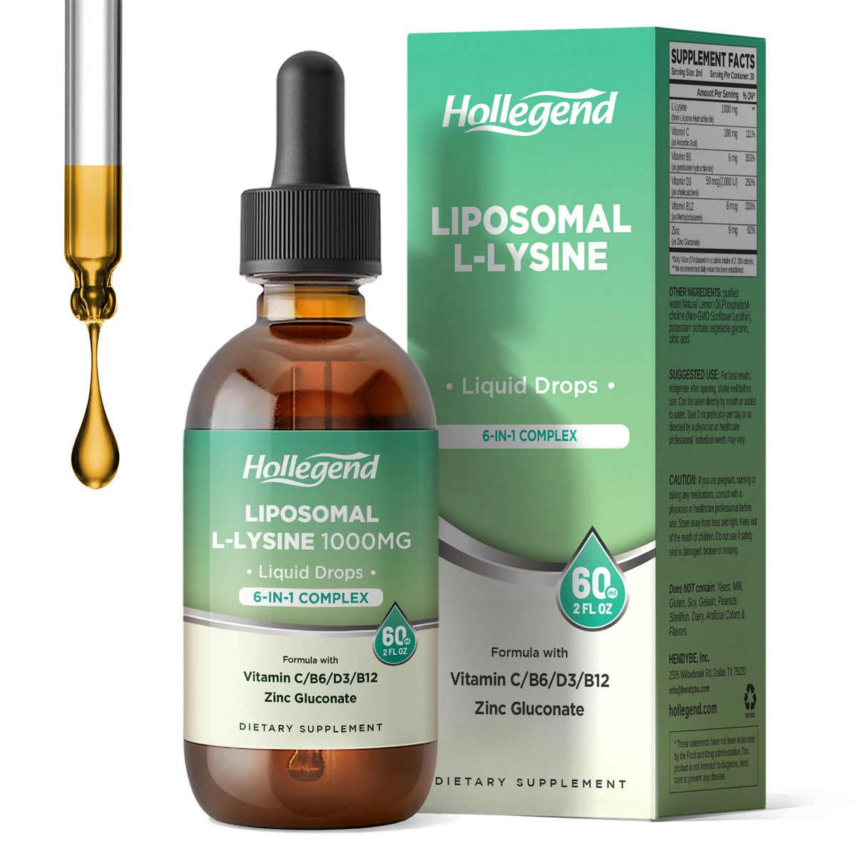 Bouteille de gouttes liquides L-Lysine 1000MG HOLLEGEND vue de face