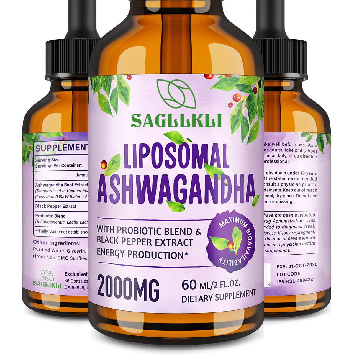 Bouteille de gouttes liquides liposomales d'Ashwagandha Sagllkli 2000mg vue de face