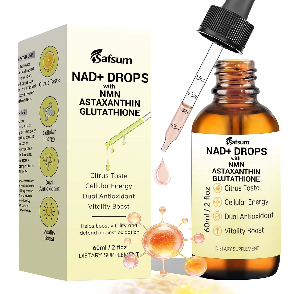 Bouteille de Gouttes NAD+ Safsum 60ml vue avant avec étiquette claire