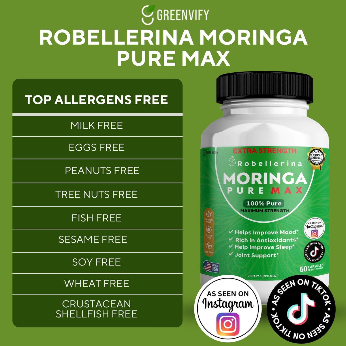 Bouteille de GRENVIFY Robellerina Moringa Pure Max contenant 60 capsules végétales