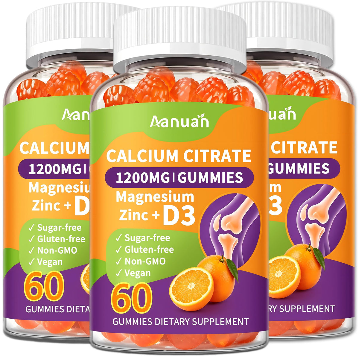 Bouteille de gummies Aanuan Calcium Citrate 600mg avec D3, Zinc, Magnésium