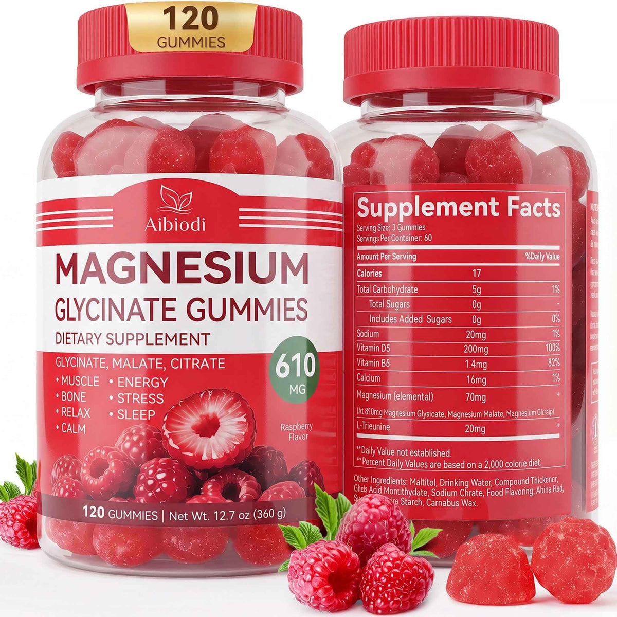 Bouteille de gummies Aibiodi de magnésium glycinate 610mg, 120 chews framboise