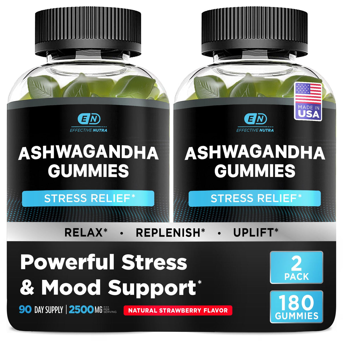 Bouteille de gummies Ashwagandha Effective Nutra 1500 mg vue de face
