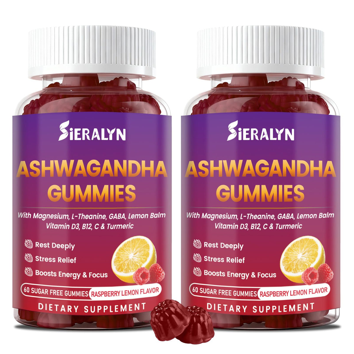 Bouteille de gummies Ashwagandha Sieralyn 2000mg vue de face