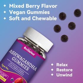 Bouteille de gummies Ashwagandha SmildeHeal ouverte montrant les gummies